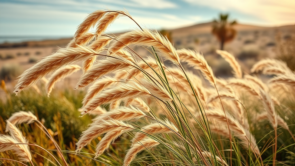 San Diego winter climate: ornamental grasses blown by Santa Ana winds, dramatic light, coastline in background, photorealistic, warm ochres and motion.