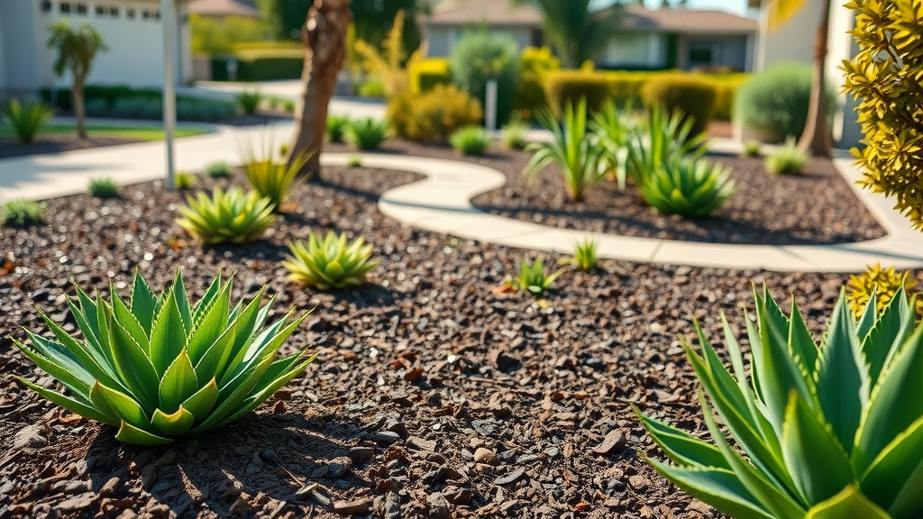 San Diego sustainable garden demonstrating drip irrigation and mulch around drought-tolerant plants with bright morning light and landscaped pathways