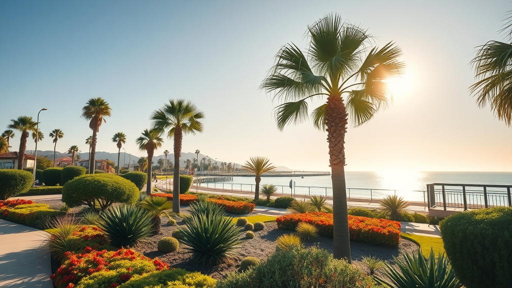 Weather in San Diego during winter: coastal landscape, palms, drought-tolerant plants, clear dry skies with gentle breeze. Photorealistic, vibrant greenery and earth tones.