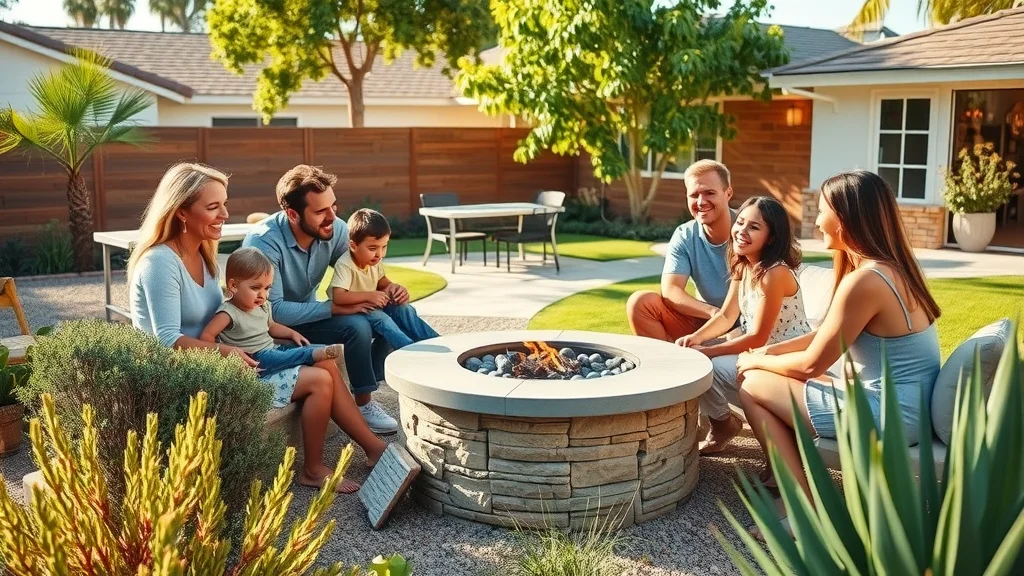 Vibrant San Diego backyard transformation with family around a modern fire pit by the best landscape contractor in San Diego