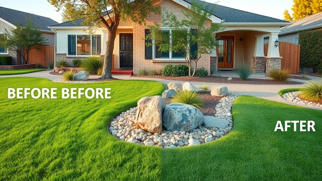 before-and-after split of a traditional green lawn being converted to xeriscaping with rocks, native plants, and minimal turf for water conservation