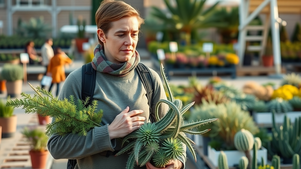 San Diego winter garden professional selecting native drought-tolerant plants at nursery. Lush pots, bright winter sun, photorealistic detail.