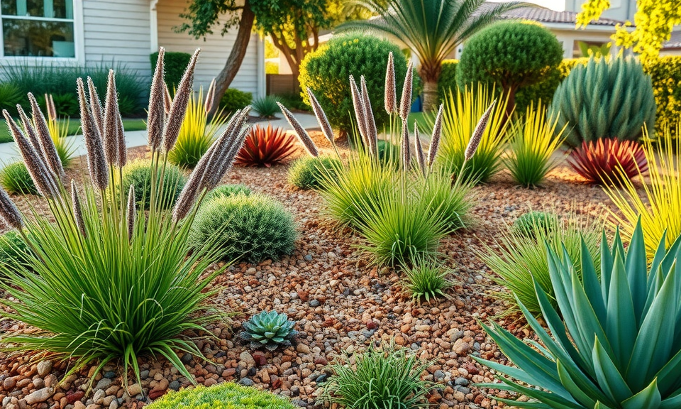 Landscape Contractor San Diego | Breceda Landscape Design & Build A landscaped front yard with various drought-tolerant plants and succulents, surrounded by brown gravel, in front of a house with a light-colored exterior and neatly trimmed bushes.