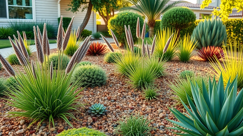 Water-Efficient Landscaping That Will Cut Your Bills Fast A landscaped front yard with various drought-tolerant plants and succulents, surrounded by brown gravel, in front of a house with a light-colored exterior and neatly trimmed bushes.