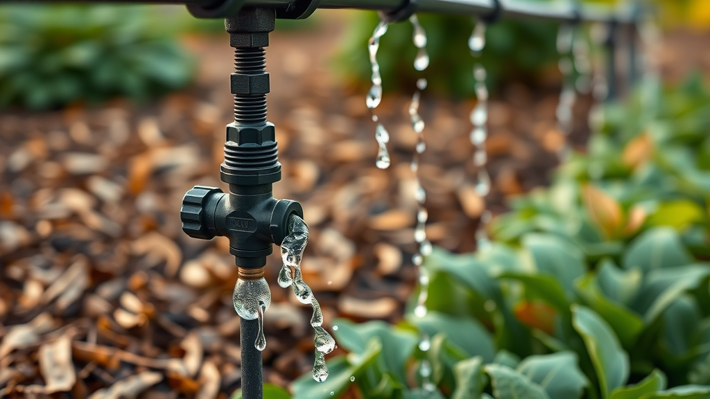 San Diego winter irrigation: efficient drip system watering lush winter garden beds, photorealistic, water droplets, mulch, deep greens and browns.