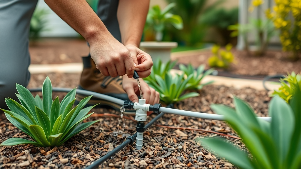 homeowner installing a smart irrigation system in a water-efficient landscaped garden with mulch and drought-tolerant plants