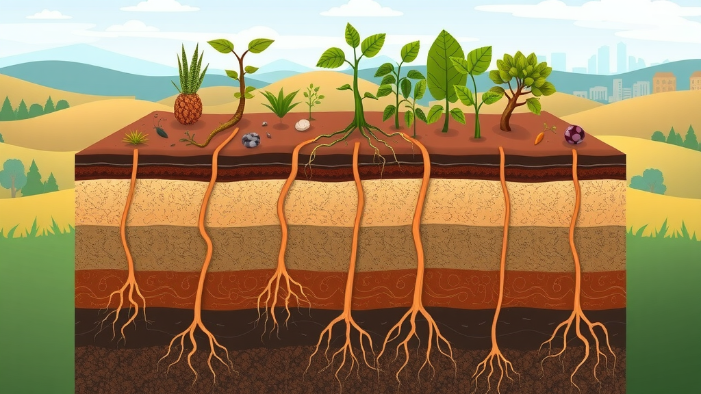Cross-section diagram showing San Diego's soil layers beneath native drought-tolerant plants with roots reaching diverse soil textures and a city skyline background