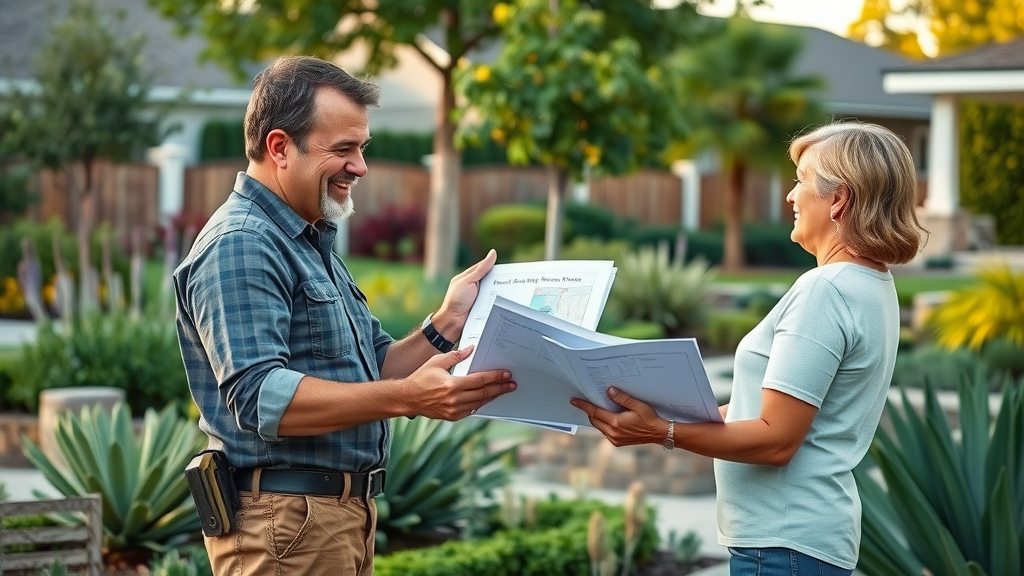 expert landscape contractor consulting with a homeowner in a beautiful, drought-friendly yard with native plants and efficient irrigation — water-efficient landscaping
