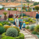 Water-Efficient Landscaping That Will Cut Your Bills Fast A family of four, including two adults, a senior, and a child, walks along a stone path in a colorful, drought-tolerant garden in a suburban backyard with neatly maintained houses and hills in the background.