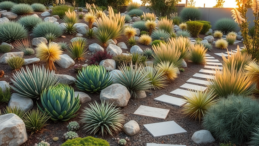 Layered San Diego landscape with groupings of succulents, grasses, and native shrubs among boulders and stepping stones under golden evening light