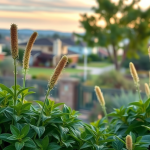 Landscape Design for Dry Seasons: Beat Drought Effects Now | Breceda Landscape Landscape Design for Dry Seasons: Beat Drought Effects Now Tall, fuzzy flower spikes rise above green foliage in the foreground, with a blurred suburban neighborhood and soft sunset sky in the background.