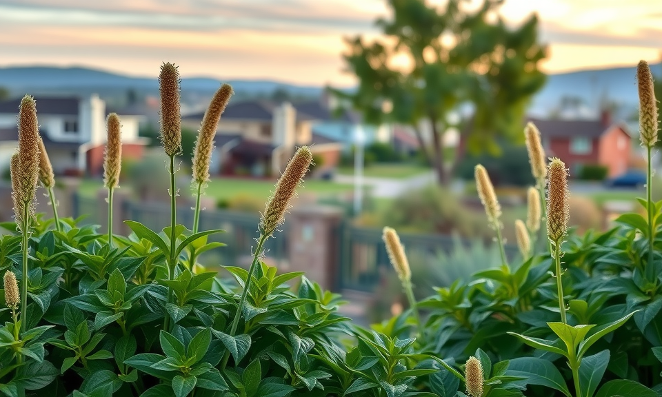 Landscape Contractor San Diego | Breceda Landscape Design & Build Tall, fuzzy flower spikes rise above green foliage in the foreground, with a blurred suburban neighborhood and soft sunset sky in the background.