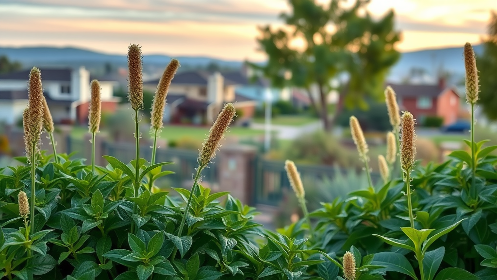 San Diego Winter Climate: What It Means for Your Garden Tall, fuzzy flower spikes rise above green foliage in the foreground, with a blurred suburban neighborhood and soft sunset sky in the background.