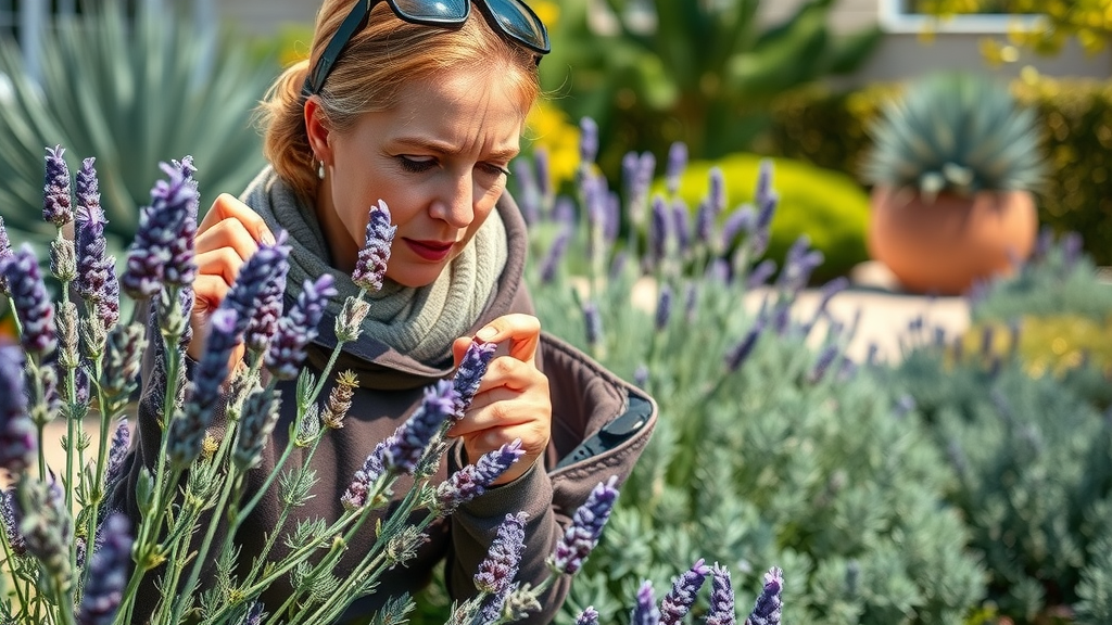 Gardener using pruning shears to trim lavender and inspecting drought-tolerant plant leaves for pests in a sunny San Diego garden