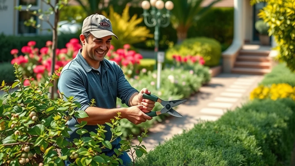 Friendly landscape worker pruning shrubs in a lush San Diego garden, landscape maintenance by top contractor