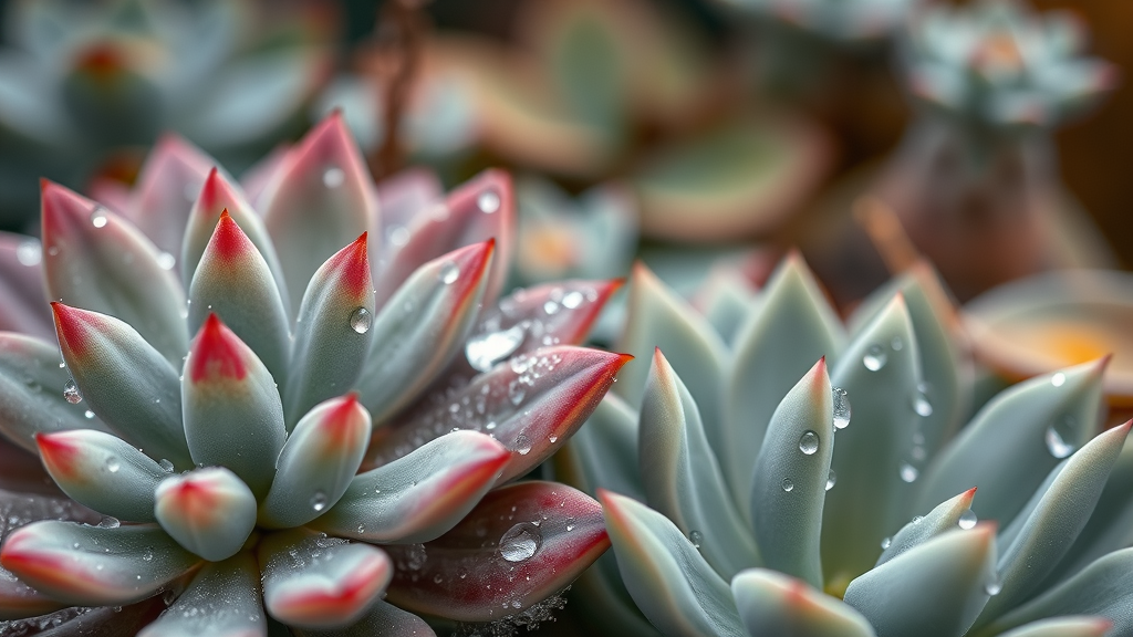 San Diego winter climate close-up: succulent and native flowers with dew, subtle winter humidity, photorealistic detail, cool greens and blues.