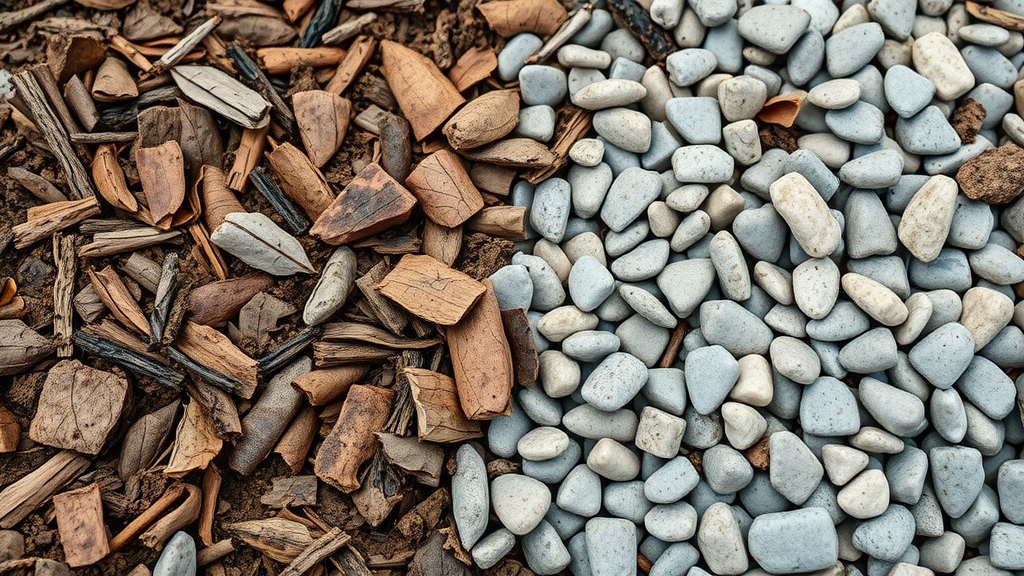 close-up of mulched garden bed showing clear distinction between organic mulch (bark, leaves) and inorganic mulch (gravel, stones) for water-efficient landscaping