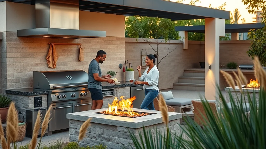 Modern outdoor kitchen and patio with grill, friends, and Mediterranean plants in San Diego backyard