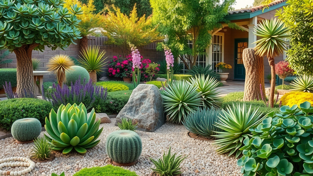 Lush thriving San Diego drought-tolerant garden with succulents, native shrubs, blooming perennials, gravel mulch, and vivid colors in a residential backyard under gentle sunlight