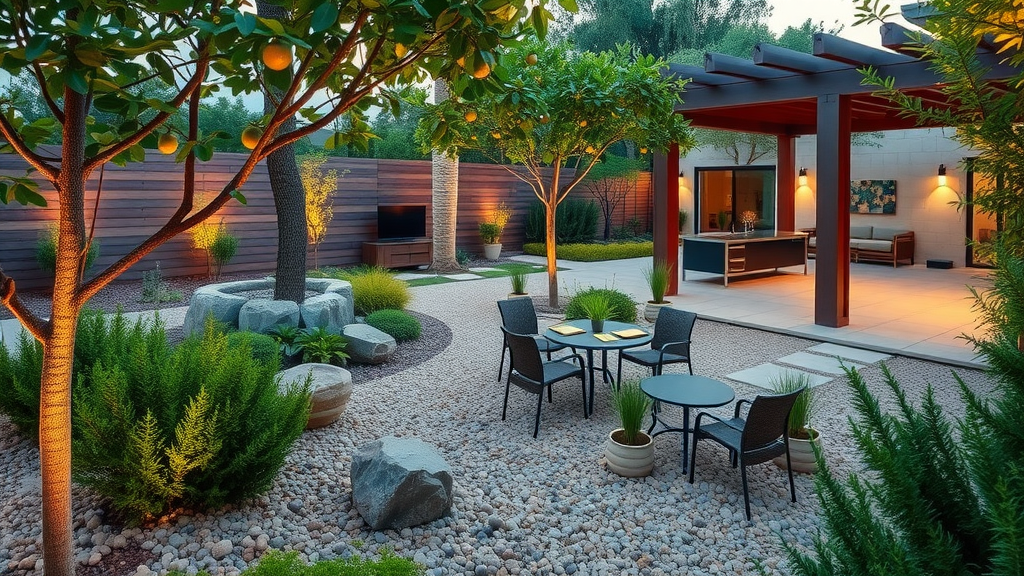 Year round garden features for San Diego winter climate: modern patio, rock mulch, evergreen plants, twilight lighting, fruit trees, photorealistic.