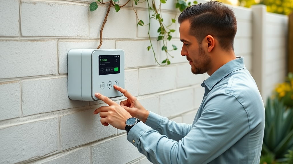 modern homeowner configures digital smart irrigation controller, ensuring optimal irrigation for dry climates in a landscaped San Diego garden
