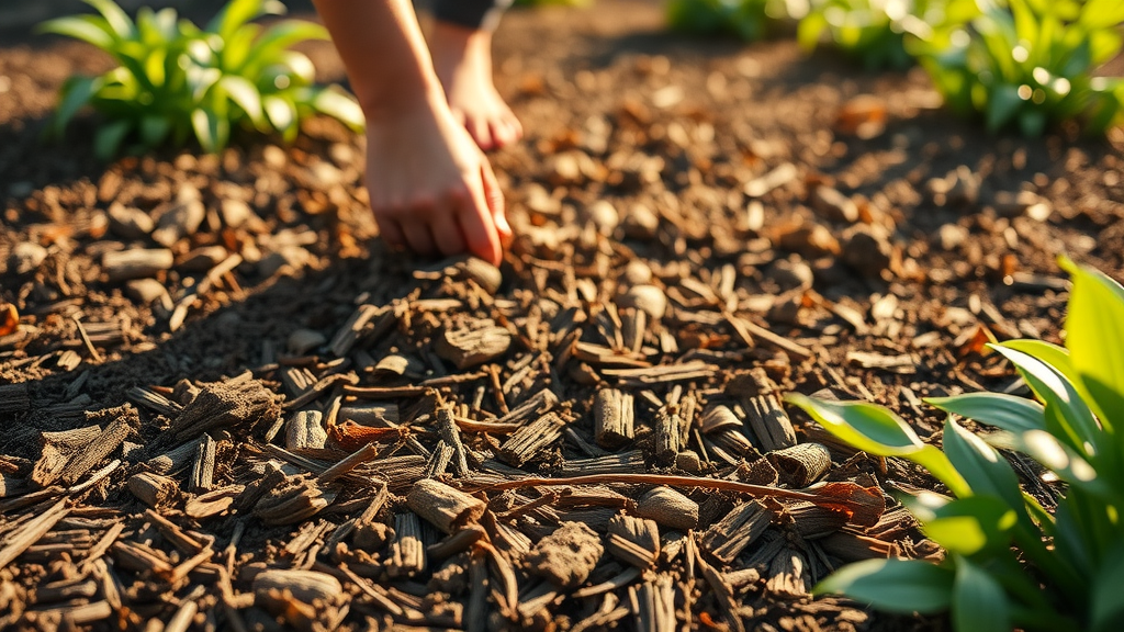 Ground cover for dry climate: Close-up of mulched flower beds with drought-tolerant ground cover in San Diego landscape design for dry seasons.