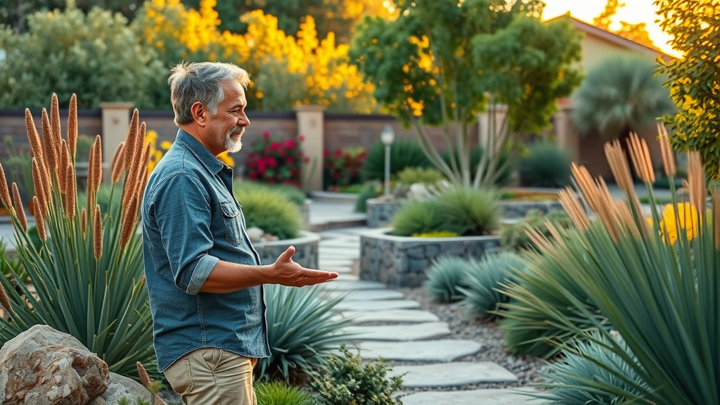 Landscape designer consulting homeowners in San Diego xeriscaped yard with drought-tolerant plants and modern path.