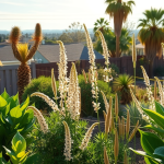 Find the Best Landscape Contractor Near Me Today in San Diego | Breceda Landscape Find the Best Landscape Contractor Near Me Today in San Diego A sunny backyard garden with various green plants, tall white flower spikes, palm trees, and a wooden fence. Houses and distant mountains are visible in the background under a clear sky.
