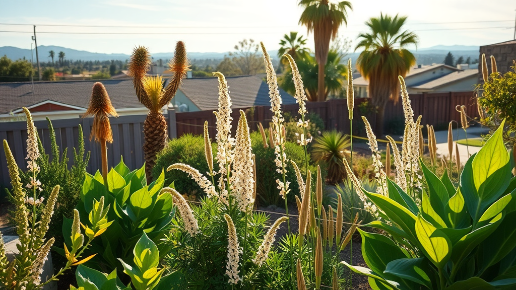 A sun-drenched San Diego backyard demonstrating sustainable landscaping practices with thriving native plants, lush foliage, and mountains in the distance.