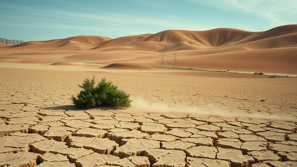 parched earth and rolling hills with a thriving green shrub supported by a drip system, demonstrating the power of efficient irrigation systems for dry climates