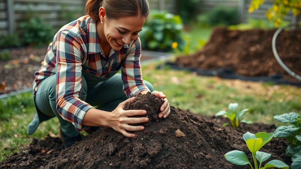 A gardener spreads compost over healthy soil in a San Diego backyard, demonstrating soil health practices in sustainable landscaping.