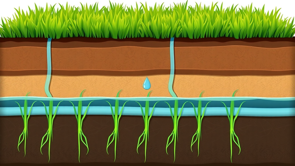 cross-sectional diagram of lawn and soil showing subsurface drip irrigation pipes delivering water to plant roots in dry climates, ideal for water efficiency