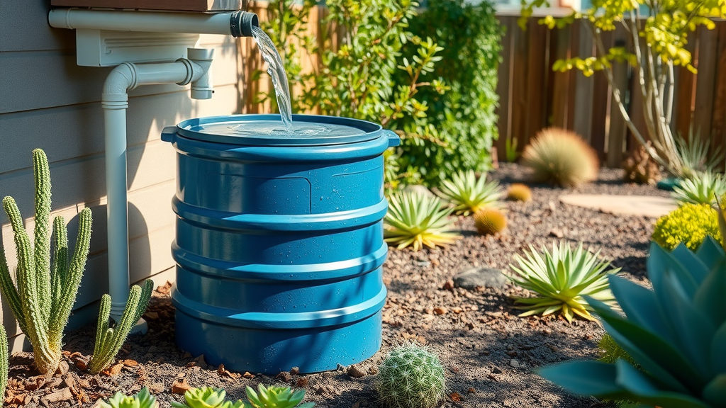 eco-friendly garden using blue rain barrel to collect water, irrigating drought-tolerant plants with efficient drip system in dry San Diego climate