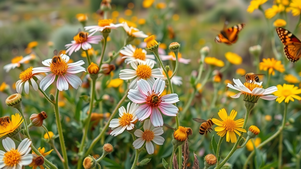 close-up of native California wildflowers and shrubs with pollinators thriving in southern california native habitat