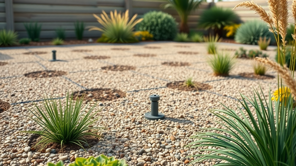 Drought-tolerant landscape with efficient drip irrigation setup and resilient ground cover for dry climate.
