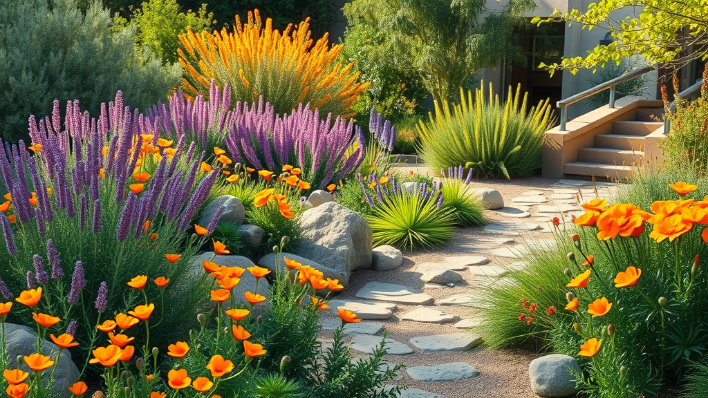 Native Plants Southern California: Nature’s Secret to Easy Gardens A vibrant garden with purple and orange flowers, spiky green plants, and large rocks borders a stone path leading to steps and a building, bathed in sunlight.