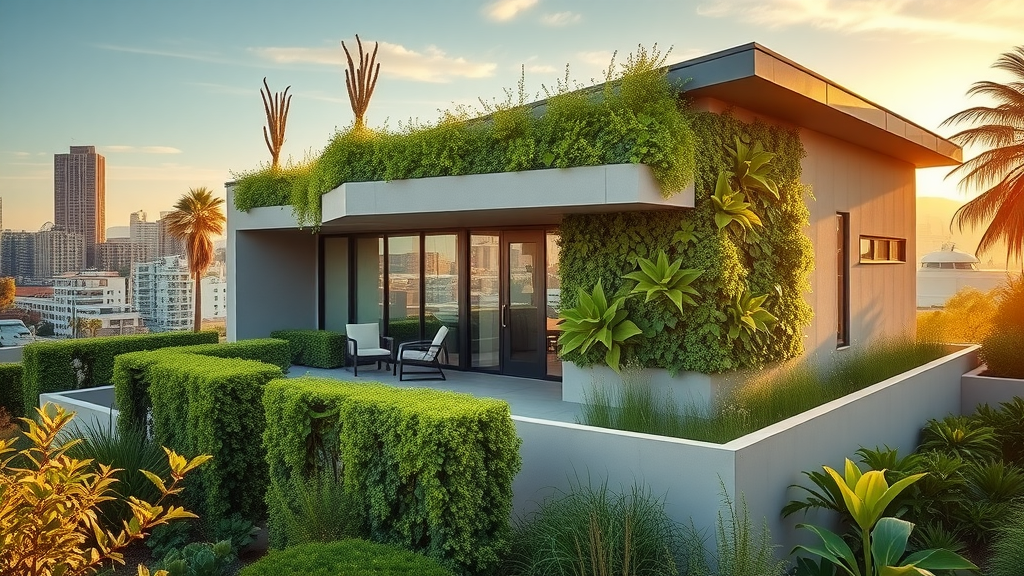 A modern San Diego home featuring a green roof and living wall, illustrating advanced sustainable landscaping practices in urban residential settings.