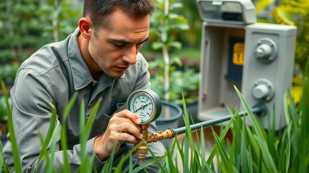 technician inspecting irrigation pipes and pressure gauge to solve water pressure problems in drip irrigation systems for dry climates