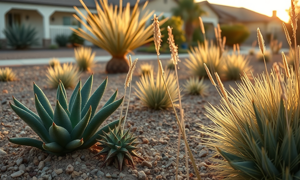 Irrigation Systems for Dry Climates: Water Smart Solutions | Breceda Landscape Irrigation Systems for Dry Climates: Water Smart Solutions Sunlit desert landscaping in a suburban front yard, featuring various succulents, agave, and ornamental grasses planted in gravel, with houses visible in the background at sunset.