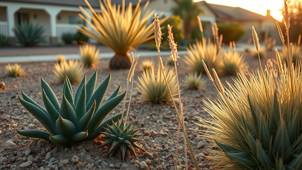 Irrigation Systems for Dry Climates: Water Smart Solutions Sunlit desert landscaping in a suburban front yard, featuring various succulents, agave, and ornamental grasses planted in gravel, with houses visible in the background at sunset.