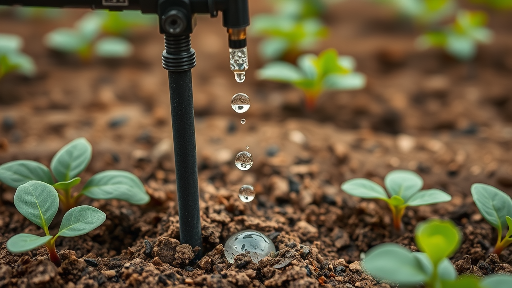 close-up of a drip irrigation emitter releasing water drops onto soil in a dry climate, showing precision and efficiency for irrigation systems for dry climates