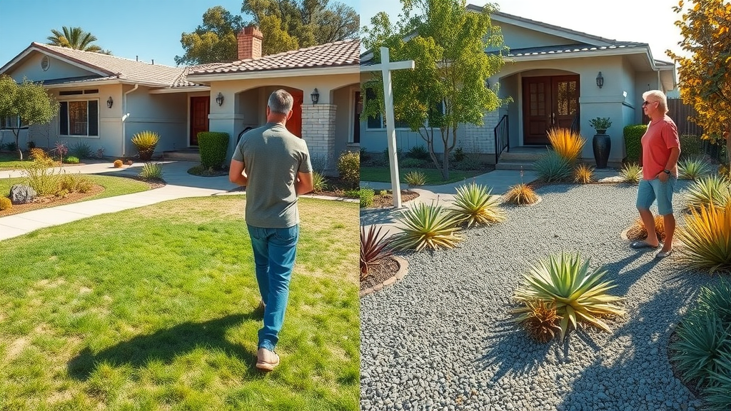 Before and after transformation: San Diego front yard with new drought-tolerant landscape design, succulents, and gravel paths.