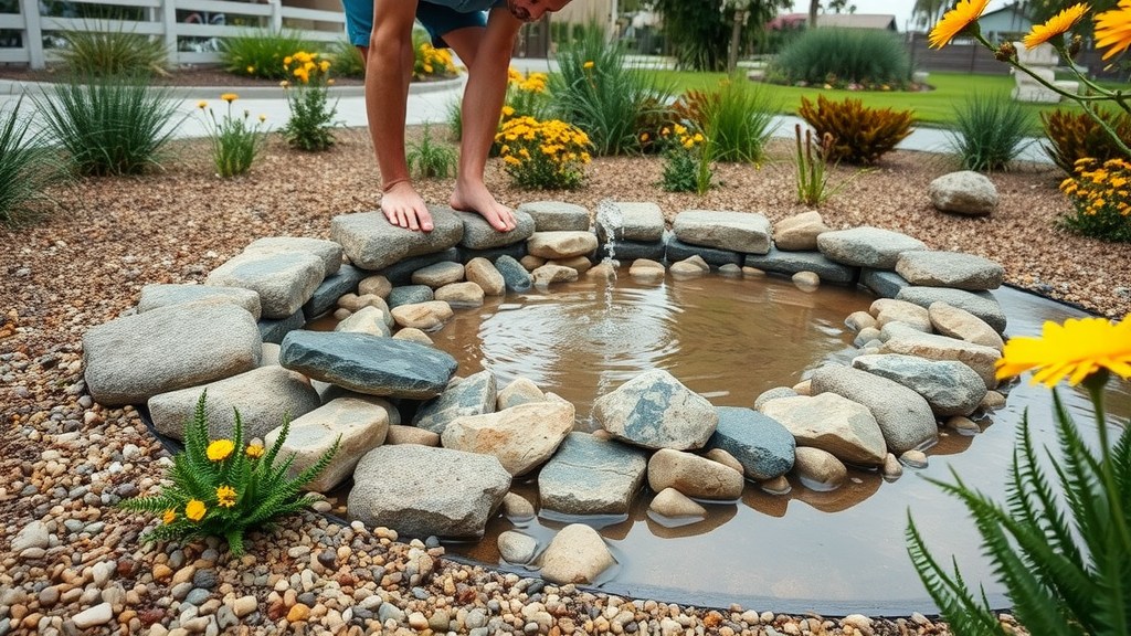 Rain garden for dry climate: Innovative San Diego rain garden installation with functional, drought-tolerant plants and decorative river rocks.