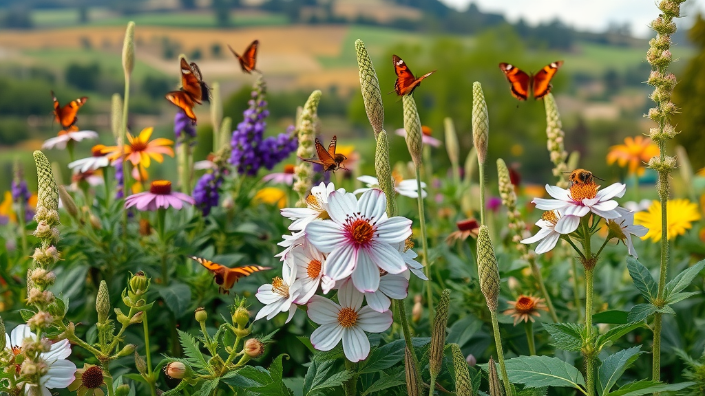 A diverse assortment of native San Diego plants used in a sustainable landscape, featuring natural groupings and pollinators like bees and butterflies.
