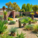 Native Plants Southern California: Nature’s Secret to Easy Gardens A desert-style backyard garden features various cacti, succulents, and drought-tolerant plants set in sandy soil, surrounded by a brick wall, with houses and green trees in the background under a clear blue sky.