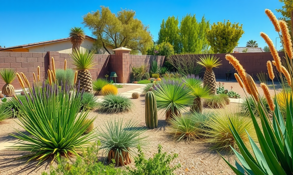 Landscape Contractor San Diego | Breceda Landscape Design & Build | Breceda Landscape Landscape Contractor San Diego | Breceda Landscape Design & Build A desert-style backyard garden features various cacti, succulents, and drought-tolerant plants set in sandy soil, surrounded by a brick wall, with houses and green trees in the background under a clear blue sky.