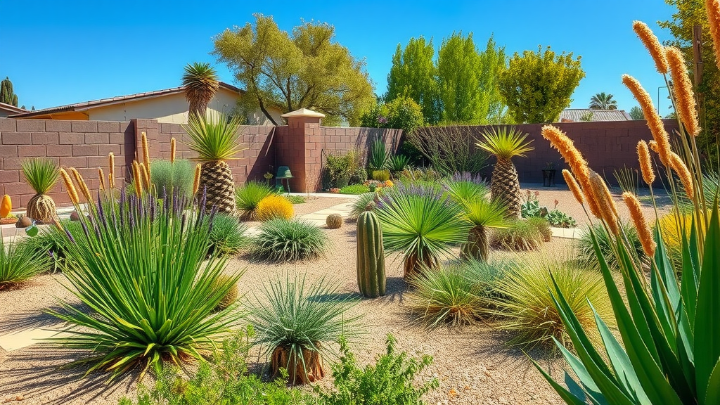 Landscape design for dry seasons: Vibrant San Diego suburban backyard garden in dry season with lush native plants and arid stone path.