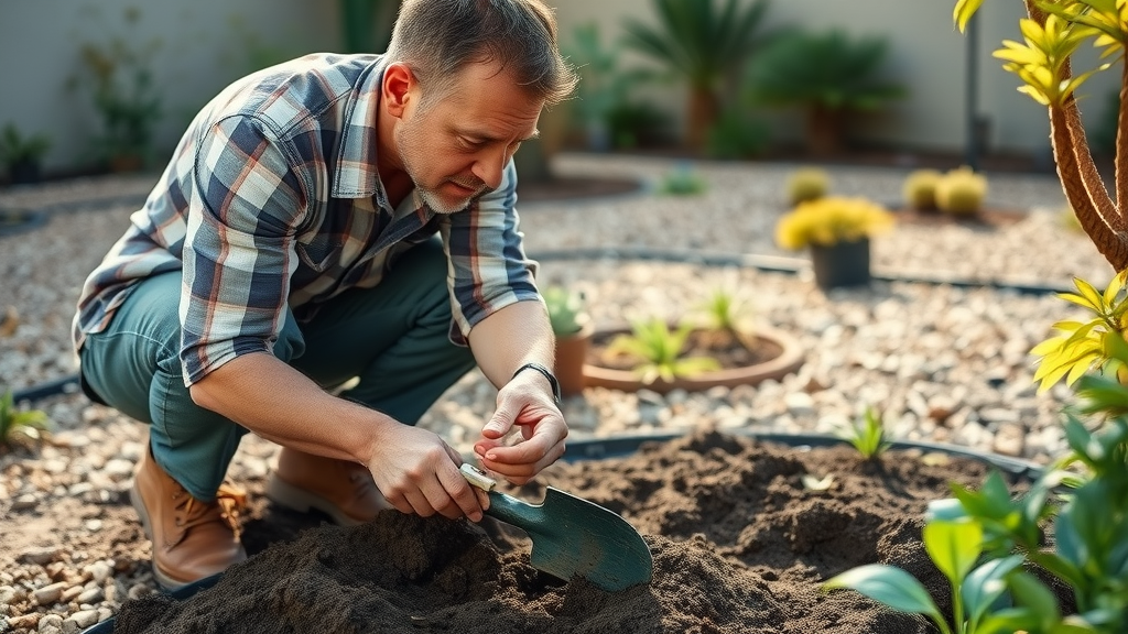 gardener assessing soil and planting native plants southern california in a residential backyard