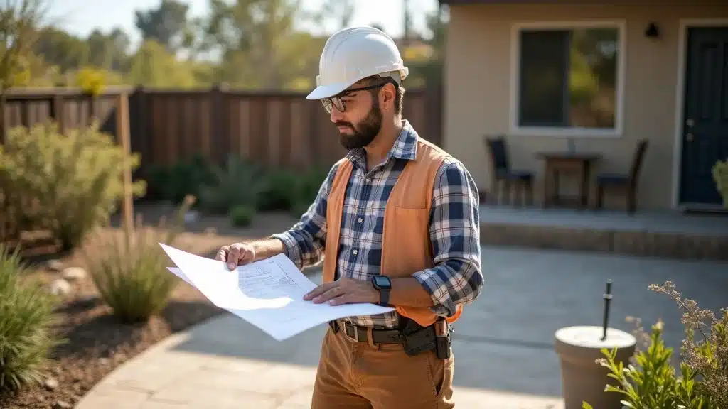San Diego residential landscape contractor reviewing blueprints onsite with functional patio and native shrubs, highlighting attention to detail and professional expertise.