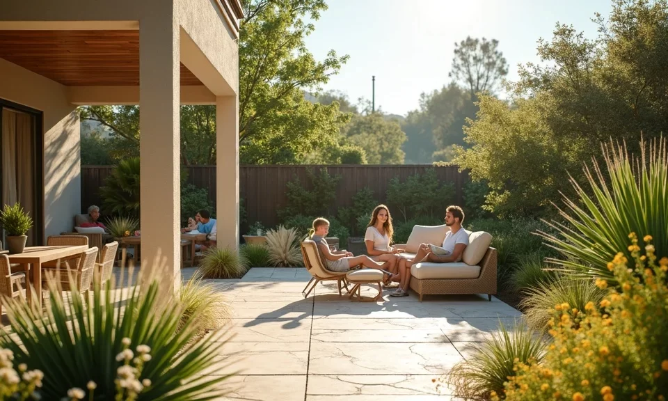 Landscape Contractor San Diego | Breceda Landscape Design & Build | Breceda Landscape Landscape Contractor San Diego | Breceda Landscape Design & Build A family of three relaxes on outdoor lounge chairs on a sunny patio, surrounded by green plants and trees. In the background, another group enjoys a meal at a dining table on the same patio.